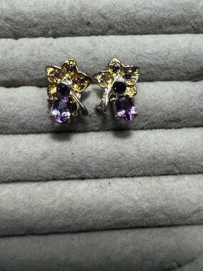 Amethyst Gold Floral Stud Earrings